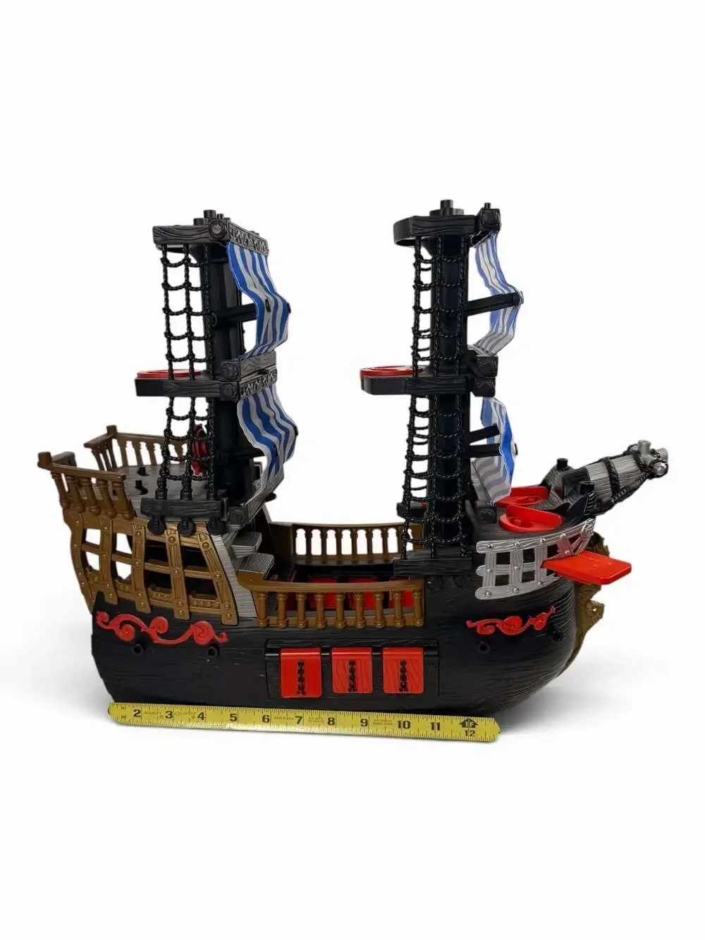 2006 Fisher-Price Imaginext Pirate Ship Toy (Black with Blue and White Sails)